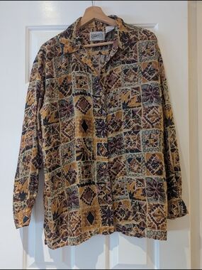 Vintage Evidence Silk Shirt Tribal Mosaic Tile Print Blouse Maximalist 80s 90s